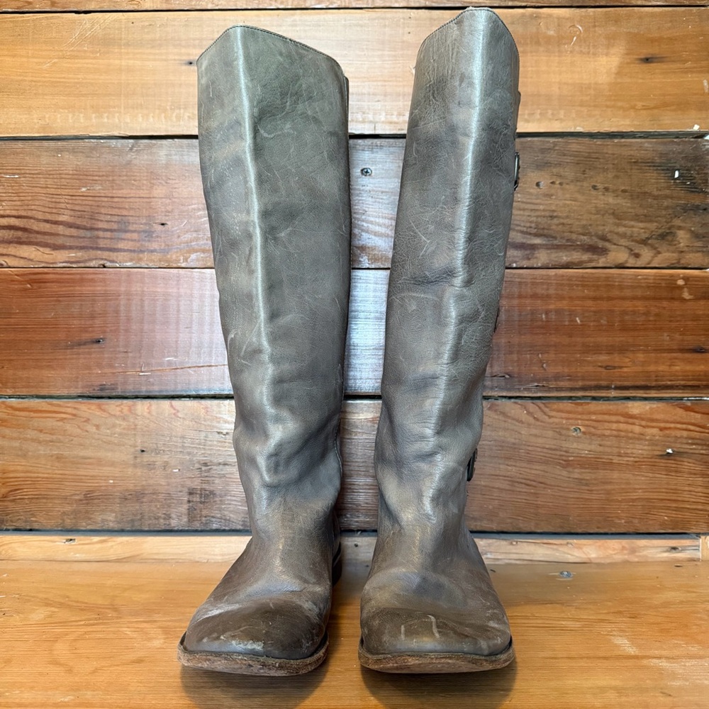 Frye Vintage Tall Grey Leather Riding Boots with Buckle Detailing
